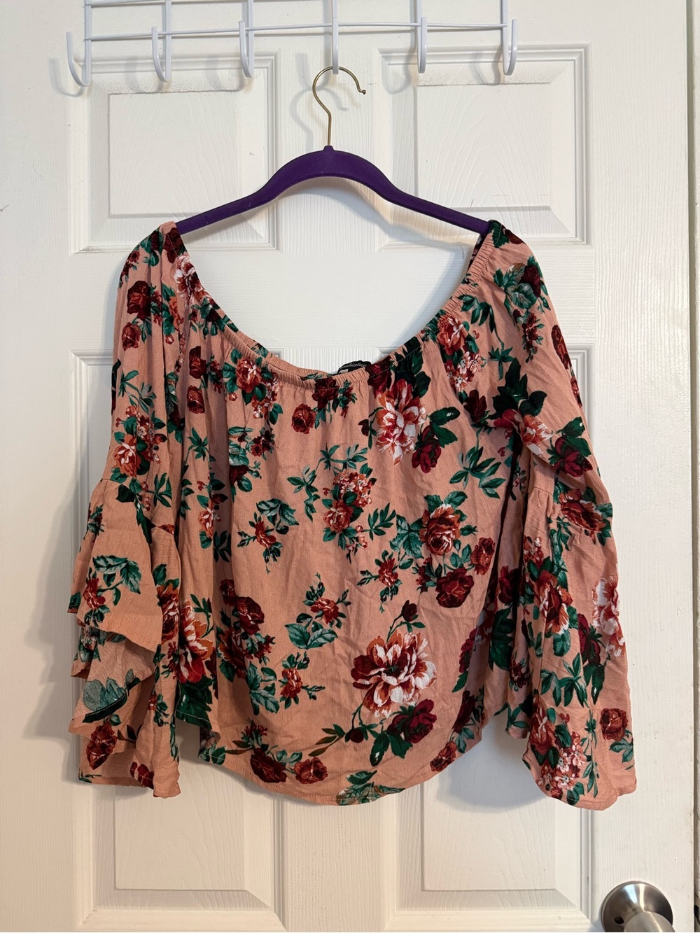 Ambiance Peach Floral Off-Shoulder Blouse with Tiered Sleeves